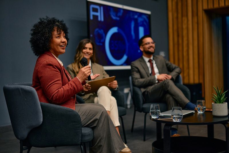 Diverse group of business professionals listening attentively as a businesswoman leads a discussion on artificial intelligence design at a modern conference