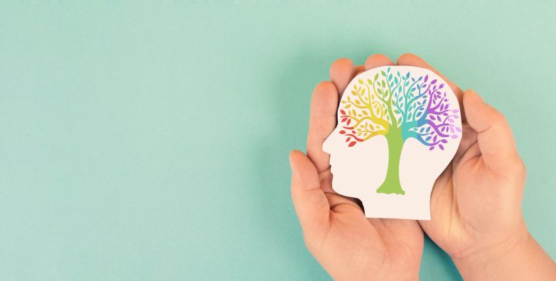 Mind with colorful tree, mental health, positive attitude and inspiration, creative thinking brain, personal development, diversity and equality