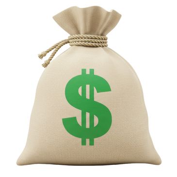 Beige money bag with green dollar sign tied with rope.