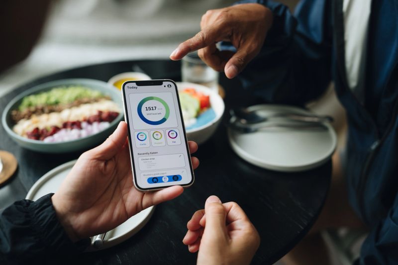 Close-up shot of two mature male friends reviewing the calorie counter app on their smartphones while enjoying organic dishes packed with superfood after their workout. As they track their nutritional intake, they embrace a mindful approach to fitness and healthy eating, making the most of their post-workout meal as part of their shared commitment to well-being