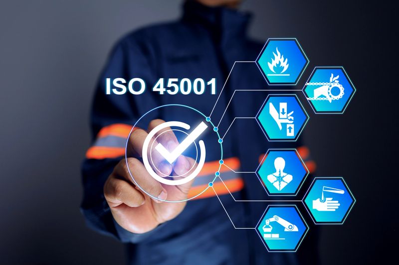 ISO 45001 standard with safety staff tick checkmark on safety in workplaces such as industrial plants, construction sites or offices, which cover personal protective equipment