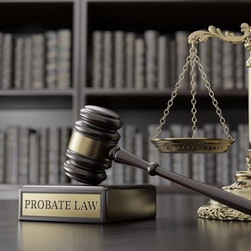 Probate law sign, gavel, and judicial scale