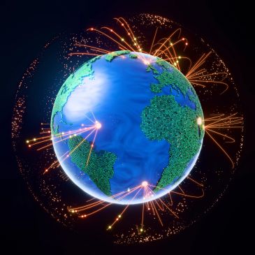 Glowing Earth with illuminated data points and network connections around it.