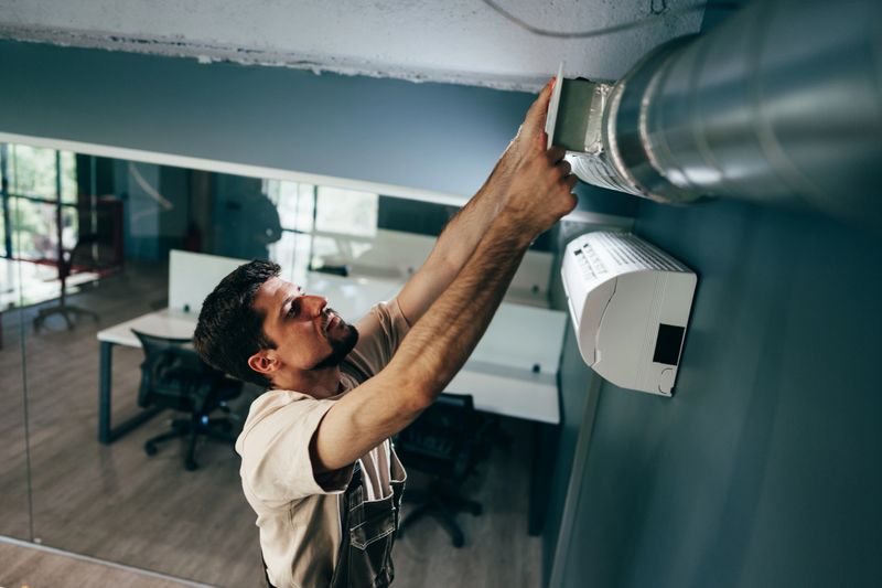 A technician works diligently to repair an air conditioning unit installed high on the wall in a contemporary office setting. Sunlight illuminates the workspace.