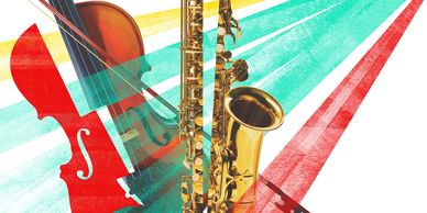 Artistic composition of a violin and saxophone with colorful streaks.