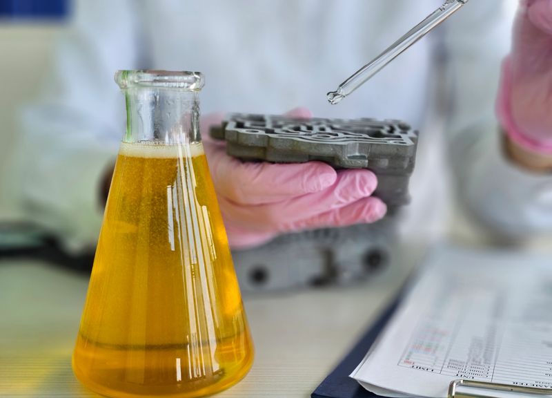 Laboratory technician conducting experiments with liquid samples and chemical materials in a research facility