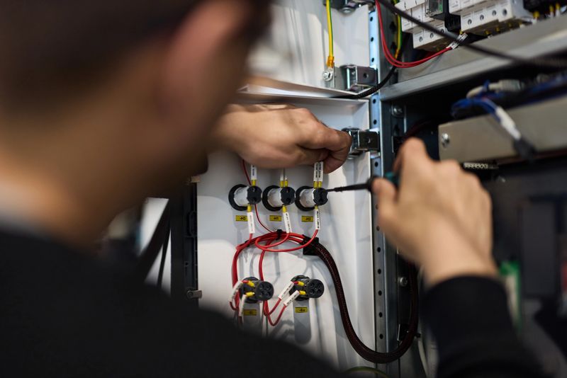 Hands repairing electrical wiring inside an industrial control panel with tools.