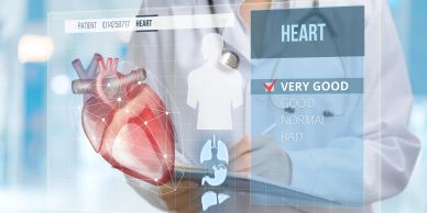 Doctor assessing heart condition with digital interface.