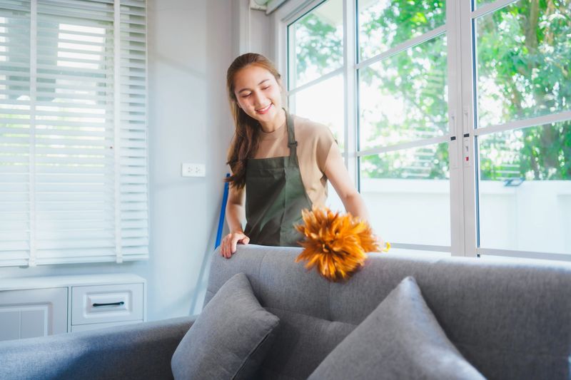 Asian housewife wearing an apron is cleaning the sofa beside a large window. Sunlight streams in, illuminating her diligent work and creating a fresh, inviting, and spotless living space.