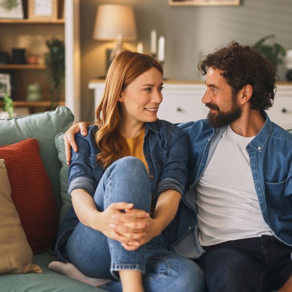 Couple sitting closely on a couch, smiling at each other warmly.