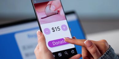 Person donating $15 via smartphone.
