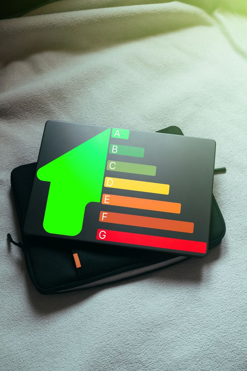 Laptop top view with energy efficiency rating for energy efficient house. Future is green.