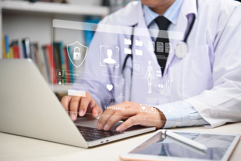 Medical entering password on virtual patient dashboard, data privacy, online medical records, and digital health innovation. healthcare cloud, secure EHR systems, HIPAA compliance, and telemedicine