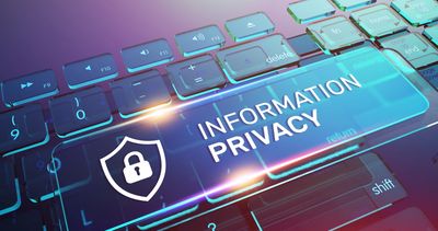 A glowing keyboard key labeled 'Information Privacy' with a lock icon.