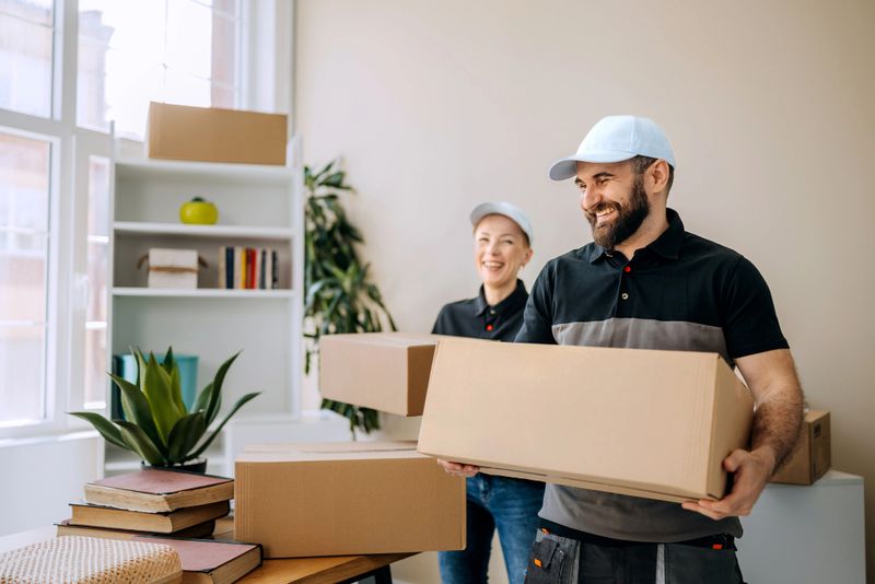 Professional movers carrying boxes