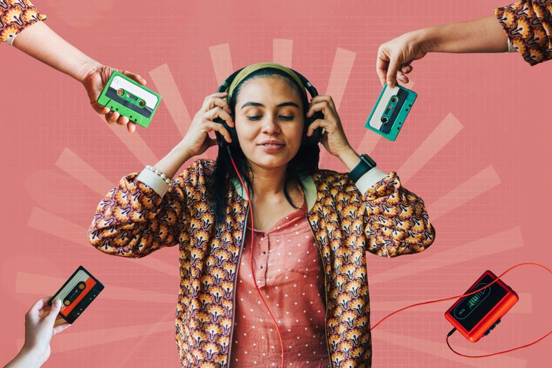 young happy woman with headphones listening to the music, image montage on retro background with cassettes and walkman