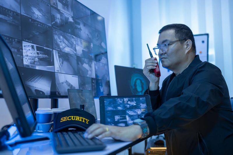 Security Man guard, Working in Control room by cctv monitor for protection, data center or building safety. Inspection, video surveillance agency and control room with footage, View Monitor and computer