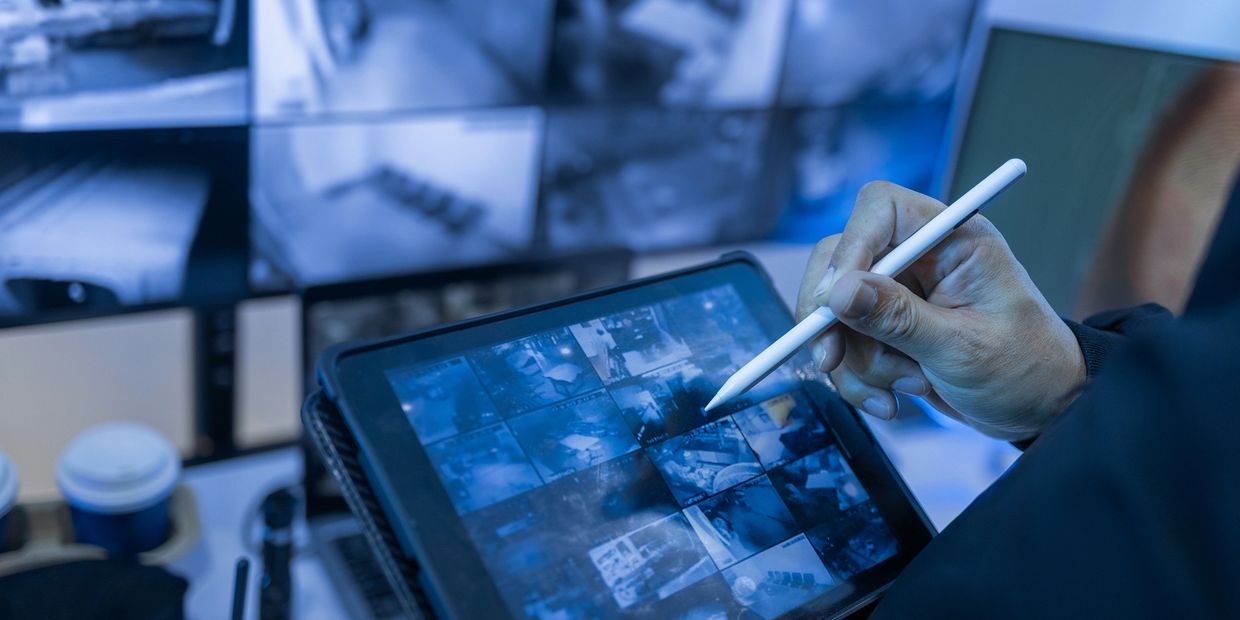 Person using stylus on tablet showing CCTV footage.
