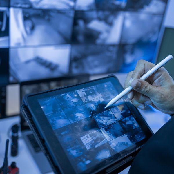Persona analizando imágenes de seguridad en una tablet.