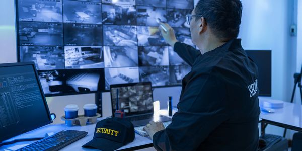 Security guard monitoring multiple surveillance cameras in a control room.