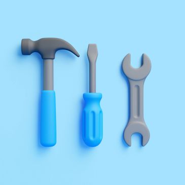 Set of blue and gray tools including hammer, screwdriver, and wrench on blue background.