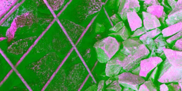 Close-up of a wire mesh fence with rocks on the right side.