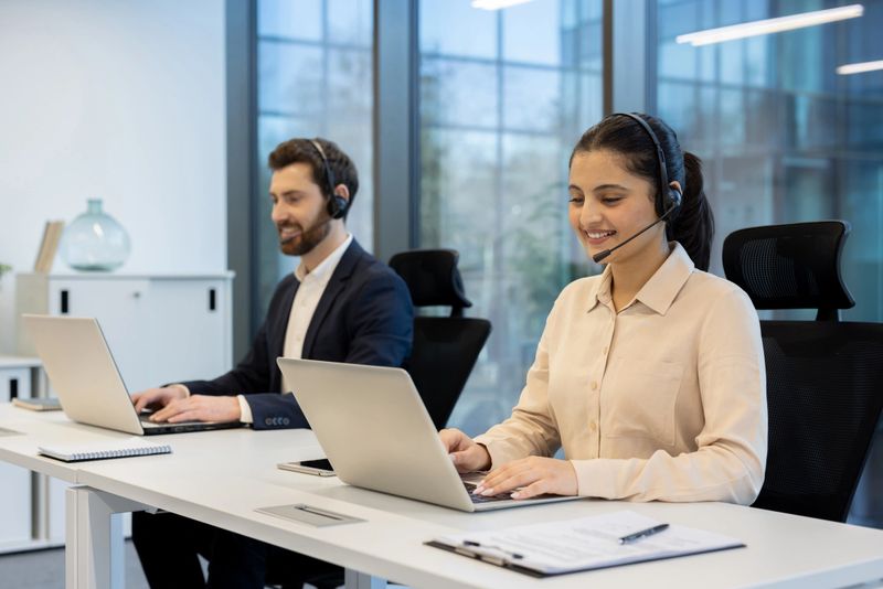 Smiling customer service representatives working in a modern office, using laptops and headsets, assisting clients professionally.