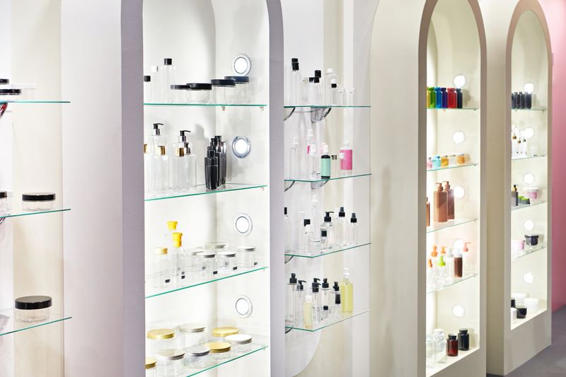 Shop window with plastic cosmetic bottles and shampoo