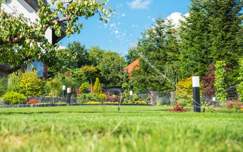 A lush garden features various colorful plants and trees. Sprinklers are watering the green grass under a clear blue sky during a sunny afternoon, showcasing the vibrant scenery.