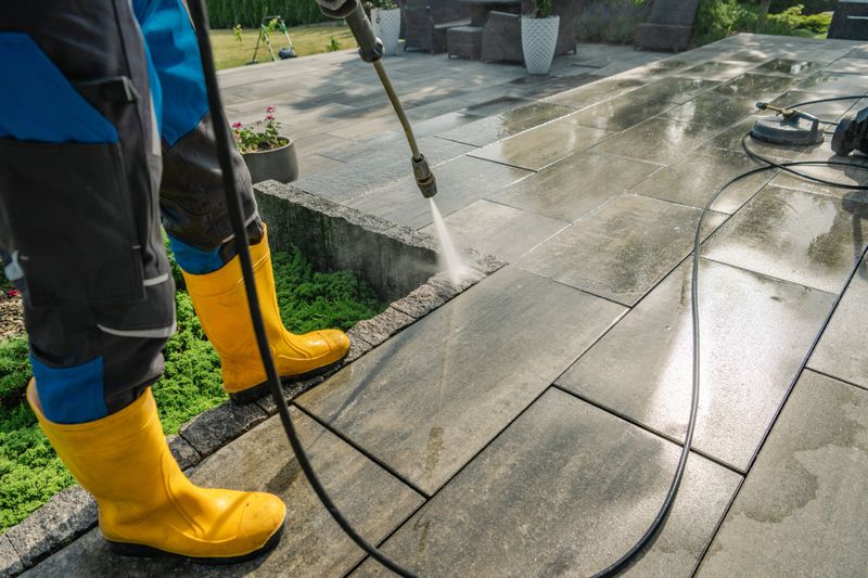 A worker in yellow boots cleans a stone patio with a pressure washer on a sunny day. Surrounding greenery and tools are visible, showing a thorough maintenance effort.