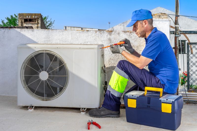 Hvac technician performing air conditioner condenser unit maintenance inspection outdoor on the rooftop. 24 hours emergency repair service for air conditioning breakdowns and failures. Home insurance.