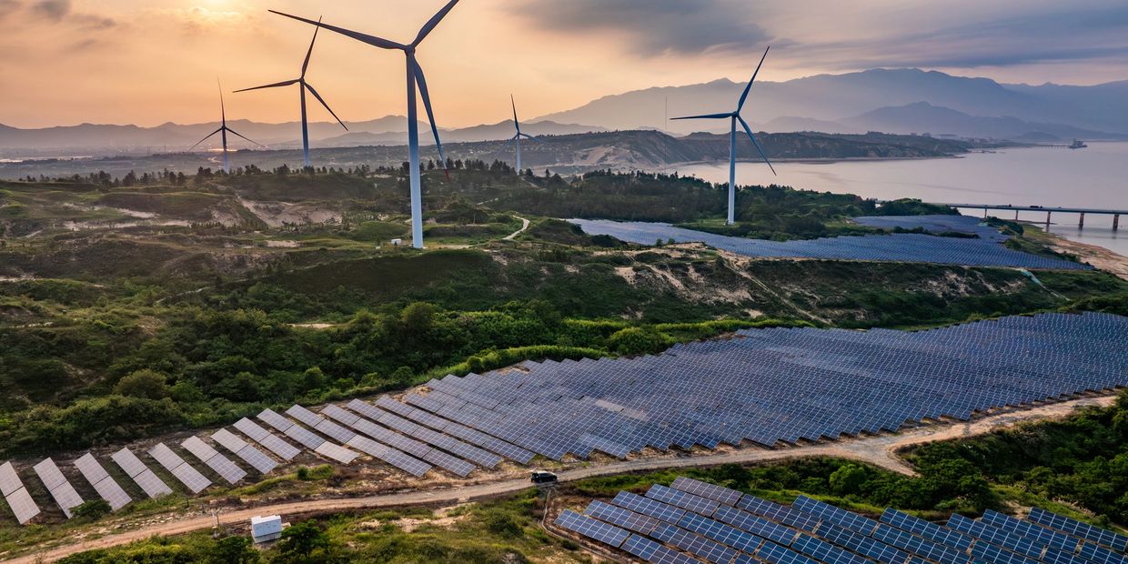 Wind turbines and solar panels at sunset in a green landscape.