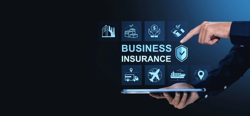 Hand pointing at business insurance icons on digital interface, modern style, dark gradient background, concept of corporate financial protection