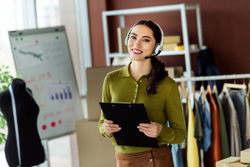 Confident young female entrepreneur in a stylish atelier setting using a headset and clipboard to organize tasks.