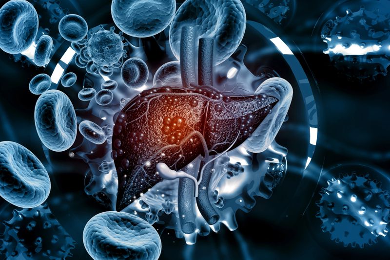 Human liver anatomy on virus bacteria background. 3d illustration