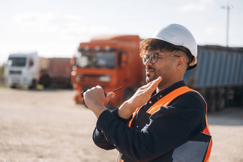 Gestures with hands. Male worker is near truck outdoors.