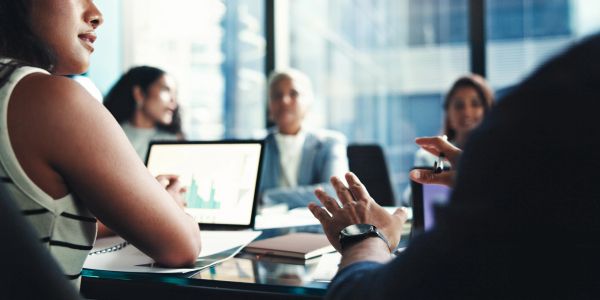 People in a business meeting discussing work.