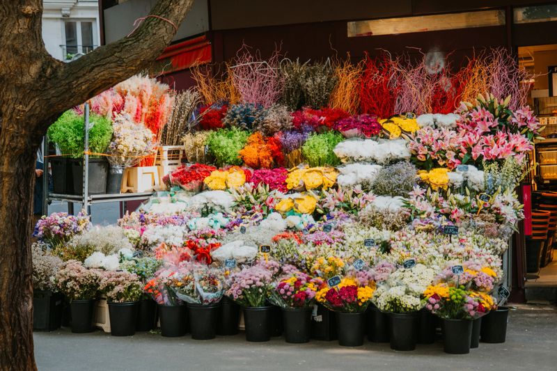 Lively flower stand in Paris showcasing a vibrant array of colorful blossoms, arrangements, and bouquets, creating a charming and cheerful atmosphere.