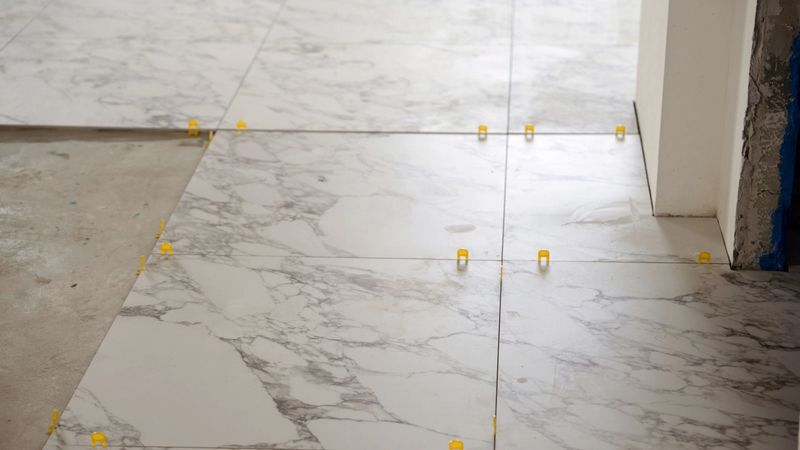Professional tiler carefully positioning oversized marble tiles on floor, utilizing precision tile spacers and leveling system for seamless, high-quality flooring installation