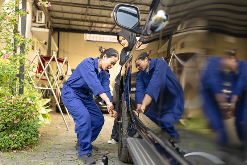 A mechanic looks over a wrecked car with the female driver at her house