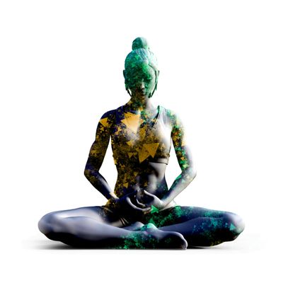 A person meditating with abstract colorful patterns overlayed.