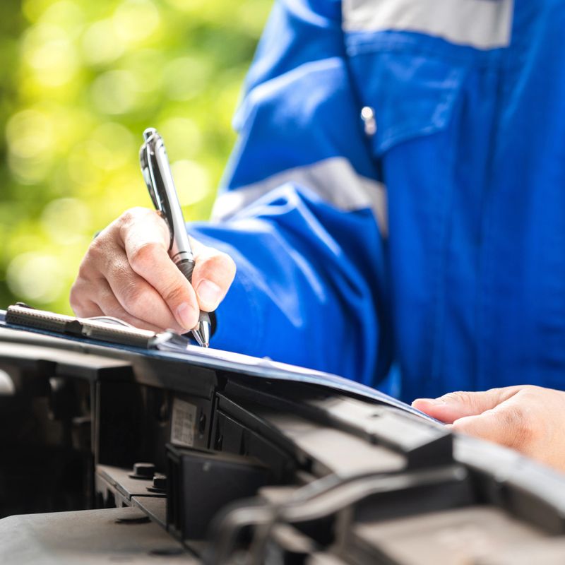 Action of a repairman is checking on multi-point checklist form during perform service the car parts. Industrial working scene, close-up and selective focus.