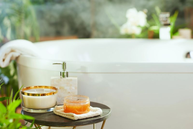 A close-up of thoughtfully arranged bath and self-care itemsâcandle, soap dispenser, body scrubâon a table, with a white bathtub and green foliage creating a tranquil, luxurious spa-like setting.