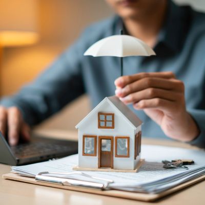 Person holding umbrella over house model protecting it.