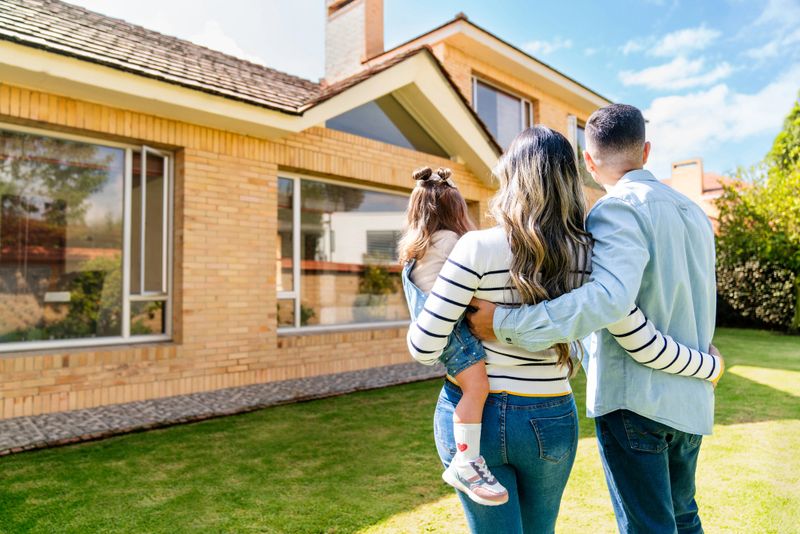 Rear view of a loving Latin American family outdoors looking at their new house - real estate concepts