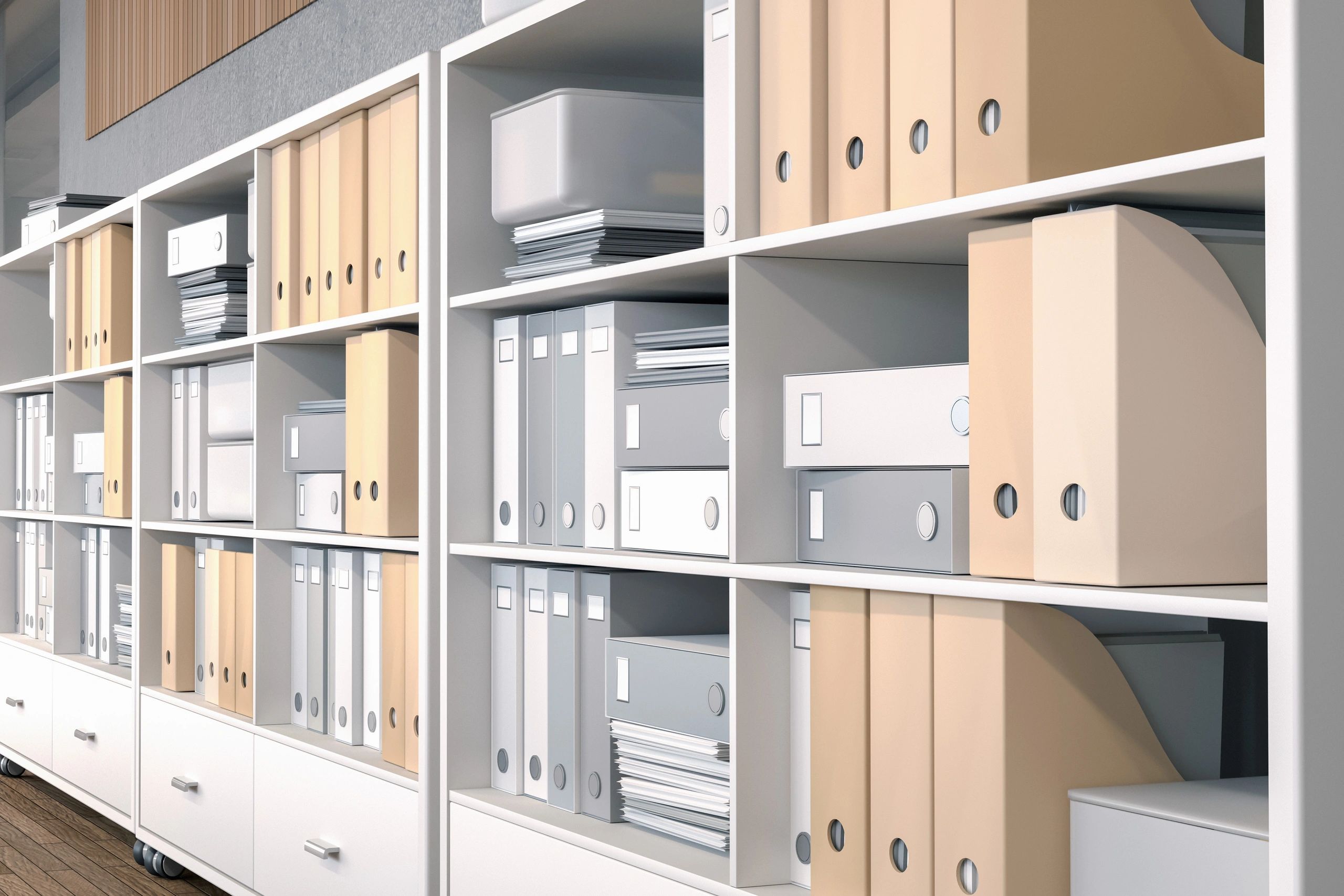 Shelves of organized binders in a program office