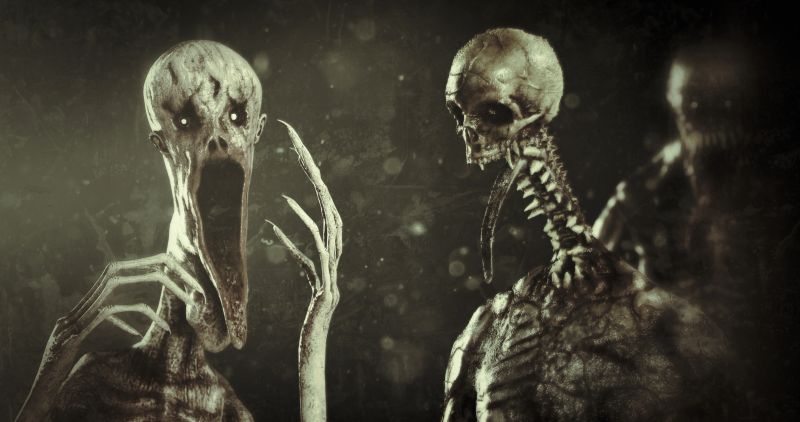 Unsettling depiction of two skeletal, otherworldly figures with elongated limbs and glowing eyes. The foreground creature has an open, screaming mouth, while the background figure looms ominously, set against a misty, shadowy backdrop that enhances the nightmarish tone.