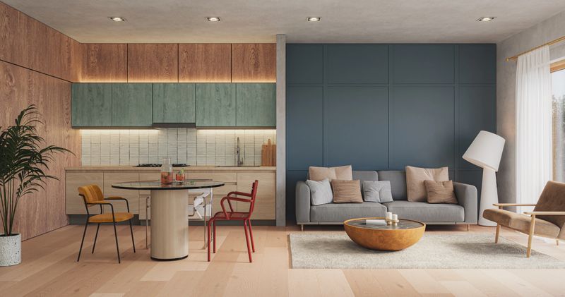 Studio room interior with lounge zone and cooking area furnished with sofa and dining table. Modern design solution