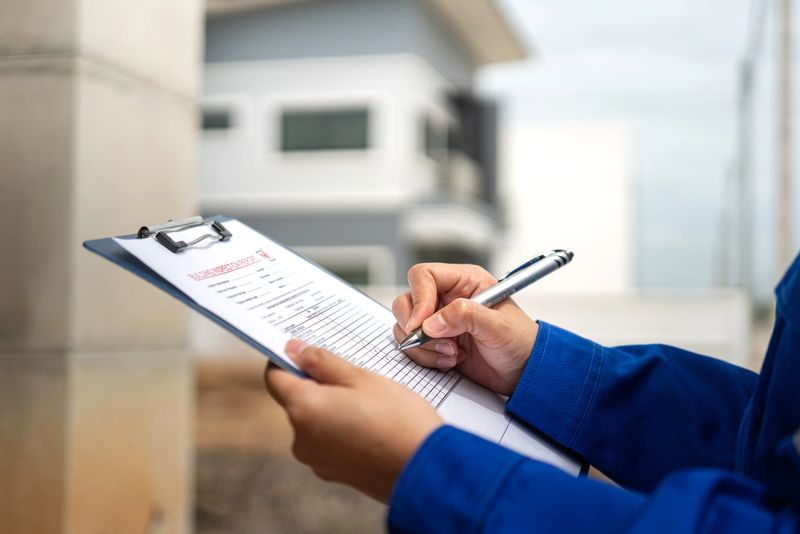 A construction foreman is checking on building quality checklist report during inspecting at the house construction site (as background). Industrial working scene, close-up with selective focus.