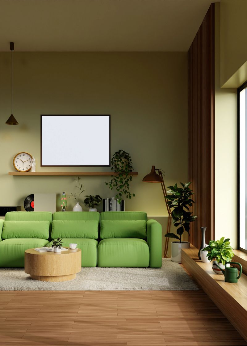 A stylish sustainable living room showcasing vibrant green furniture and various indoor plants in a modern setting.